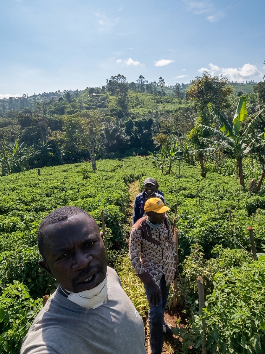 Passion Gardens staff inspecting crops in the field